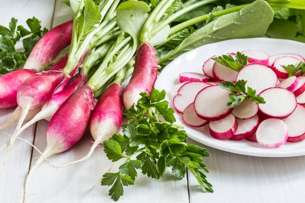 Bunch Fresh Radish Herbs Light Wooden Table — Stock Photo, Image