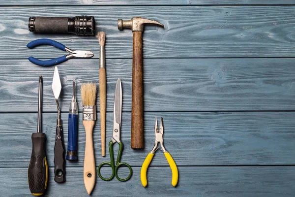 Tools Werken Een Houten Tafel Ruimte Voor Tekst Kopiëren — Stockfoto