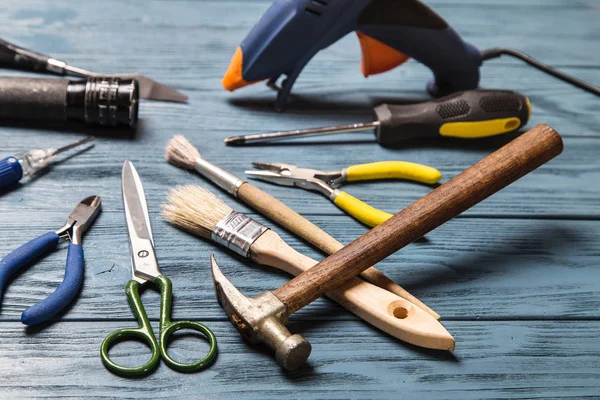 Werk Tools Een Houten Tafel — Stockfoto