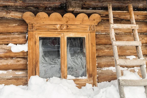 Frozen Window Staircase Wooden House — Stock Photo, Image