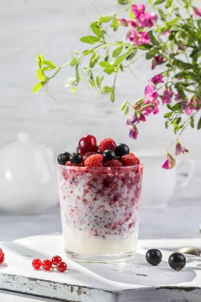 Jogurt Semínky Chia Čerstvými Bobulemi Lehkém Pozadí — Stock fotografie