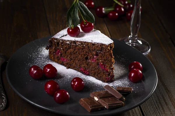 Chocolate Pie Cherries Plate Dark Background — Stock Photo, Image