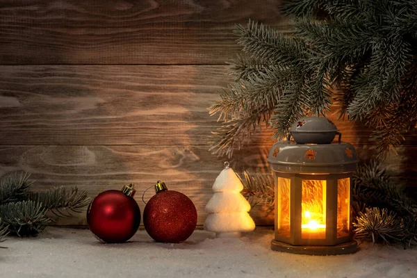 Lantern Candlestick Christmas Decorations Wooden Background Copy Space — Stock Photo, Image