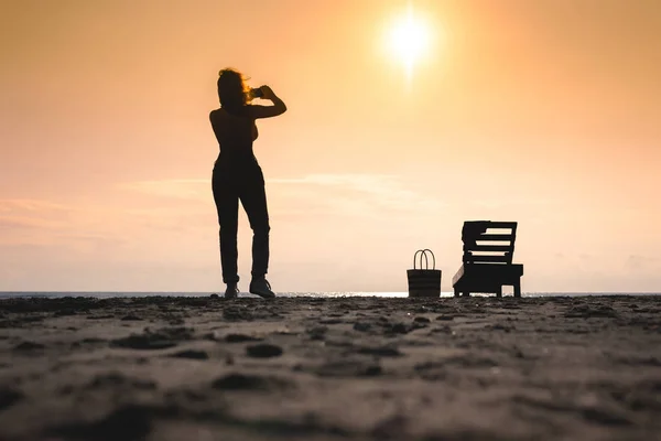 Woman Standing Sun Lounger Taking Picture Mobile Phone Beach Sunset — Stock Photo, Image