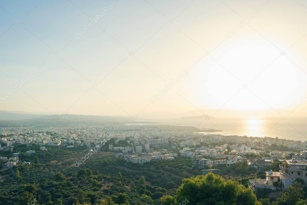 Aerial view on the chania city and sea background at the sunset. Crete island, Greece 