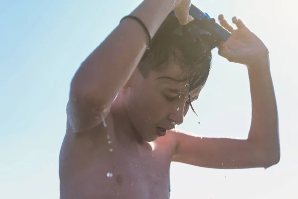 Faccia Ragazzo Con Maschera Snorkeling Concetto Viaggio Estate — Foto Stock