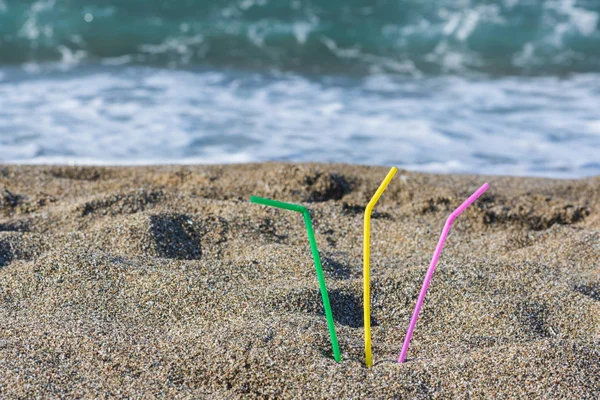 Plastic Colored Straws Tubules Drinking Sand Beach Concept — Stock Photo, Image