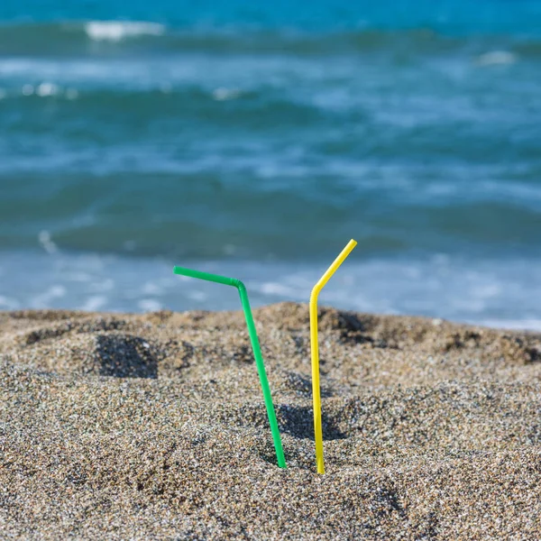 Plastic Colored Straws Tubules Drinking Sand Beach Concept — Stock Photo, Image