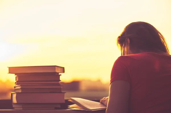 Female student with a lot of books preparing for university exam late evening on the sunset town background. Education concept