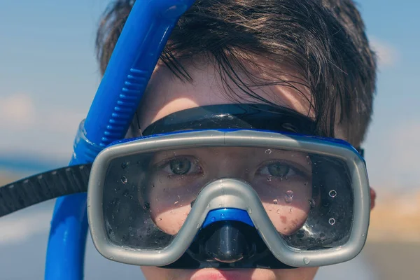 Closeup Boy Face Snorkeling Mask Tube Travel Summer Concept Children — Stock Photo, Image