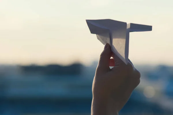 Woman Paper Airplane Sky — Stock Photo, Image