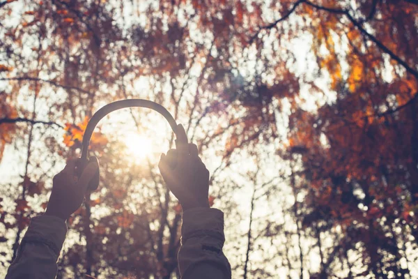 Női Fejhallgató Séta Parkban Hallgatni Hangokat Vagy Őszi Erdő Zenéje — Stock Fotó