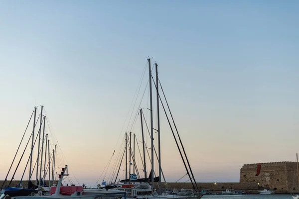 Heraklion Harbour Old Venetian Fort Koules Yachts Dusk Crete Greece — Stock Photo, Image