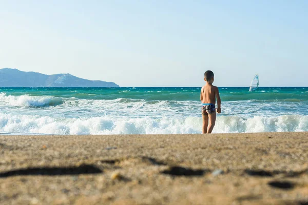 Years Old Boy Swimming Relaxation Sea Waves Concept Family Summer — Stock Photo, Image