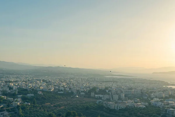 Flygutsikt Över Chania Stad Och Havet Bakgrund Vid Solnedgången Kreta — Stockfoto