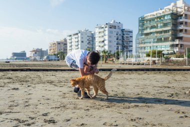 Sahilde çocuk ve sevimli kırmızı kedi 