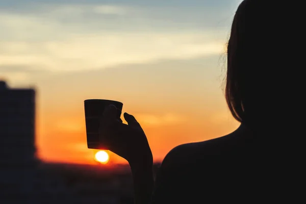 Silhouette Fille Avec Une Tasse Thé Coucher Soleil Vue Sur — Photo