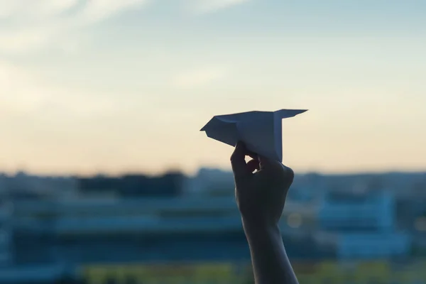 Woman Paper Airplane Sky — Stock Photo, Image