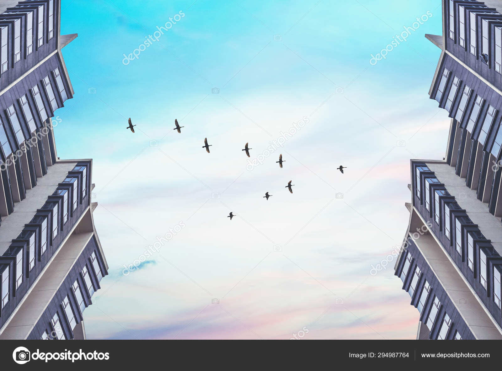 Bottom View Two Symmetrical Tall Buildings Each Other Background Sunset Stock Photo Image By C Flowertiare 294987764