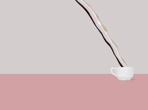 Koffie Melkstroom Gieten Een Beker Een Gestreepte Achtergrond — Stockfoto
