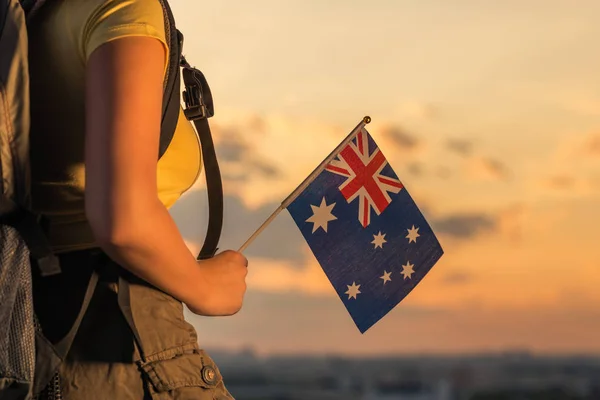 Woman Hiker Top Mountain Shorts Shirt Backpack Flag Australia Sunset — Stock Photo, Image