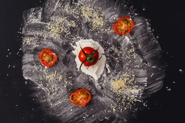 Pizza Drawing Black Background Made Flour Tomatoes Concept — Stock Photo, Image