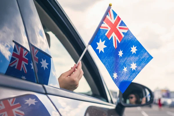 Woman Girl Holding Flag Australia Open Car Window Concept — Stock Photo, Image