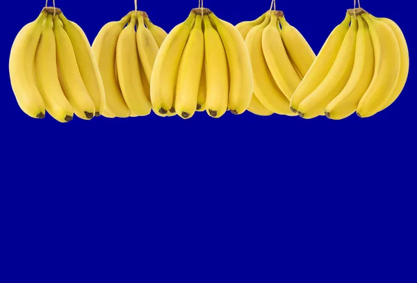 Dużo Dojrzałych Bananów Pęczek Miejscem Tekst Niebieskim Tle Koncepcja Zdrowej — Zdjęcie stockowe
