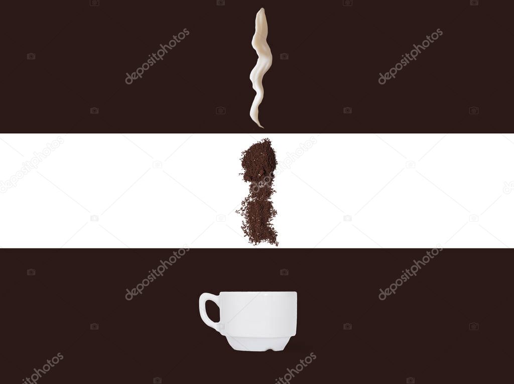 process of making of coffee in the schematic style.  ground coffee and stream of milk into a cup on a striped background