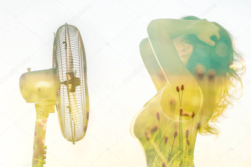 Double exposure of a girl body with a fan and the spring field. Spring and early summer concept