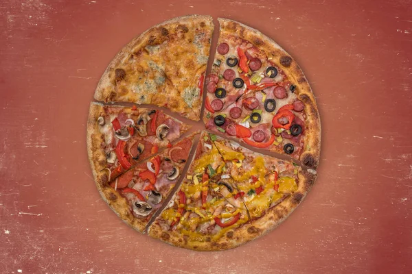 four different pieces of pizza on the red background
