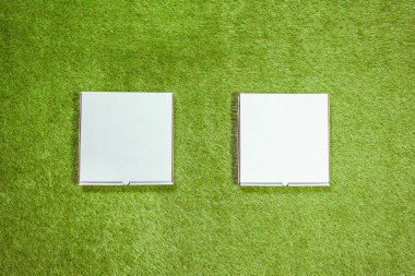 Çimenlerin üzerinde iki beyaz kutu pizza. İndirim veya yaz promosyon konsepti. Bedava ikinci pizza. Üst te. Kopyalama alanı