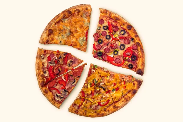 Cztery Różne Kawałki Pizzy Białym Tle — Zdjęcie stockowe