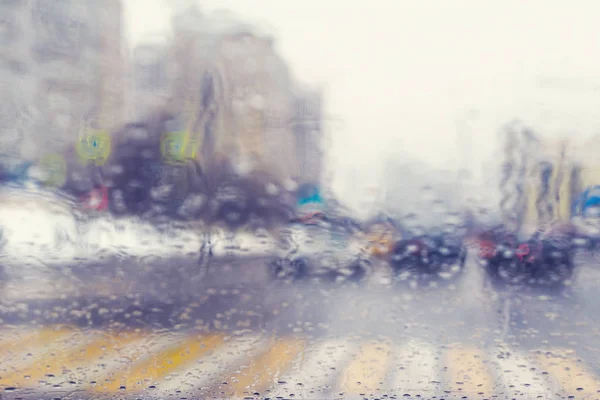 Blurred View Windshield Car Raindrops Crossroad Pedestrian Crossing — Stock Photo, Image