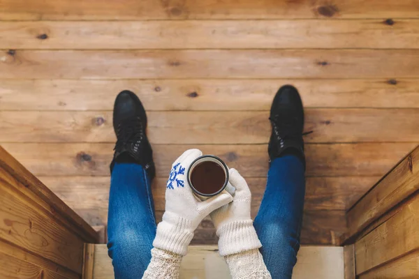 Girl Boots Iron Mug Coffee Terrace Wooden House Winter Concept — Stock Photo, Image