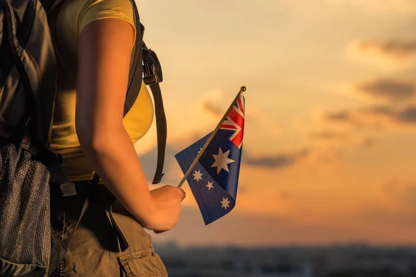 Woman Hiker Top Mountain Shorts Shirt Backpack Flag Australia Sunset — Stock Photo, Image