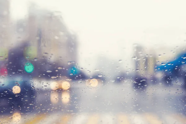 Blurred View Windshield Car Raindrops Crossroad Pedestrian Crossing — Stock Photo, Image