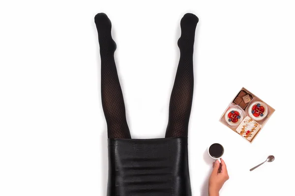 Creative Photo Female Legs Black Pantyhose Cup Coffee Box Small — Stock Photo, Image