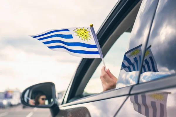 Woman Girl Holding Flag Uruguay Open Car Window Concept — Stock Photo, Image