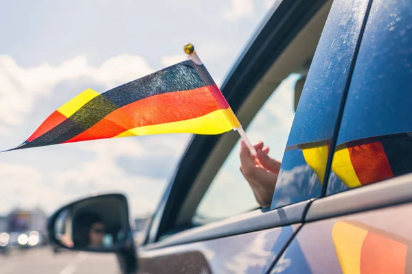 Woman Girl Holding Germany Flag Open Car Window Concept — Stock Photo, Image