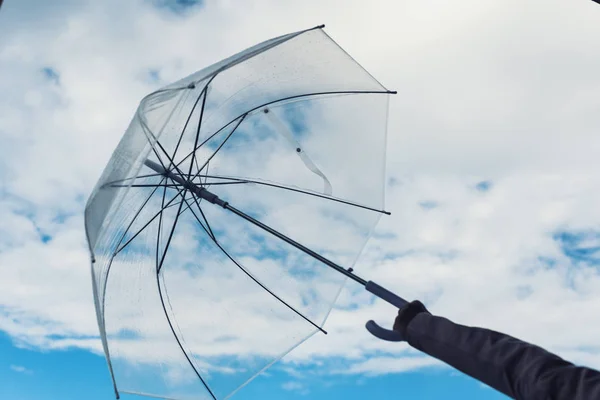 Female Hand Transparent Umbrella Rainy Autumn Day Cloudy Sky Background — Stock Photo, Image