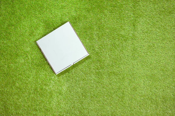 One White Closed Paper Box Pizza Grass Concept Top View — Stock Photo, Image