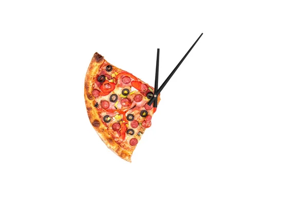 Kreatywny Obraz Pizzy Formie Zegara Strzałkami Białym Tle Koncepcja — Zdjęcie stockowe