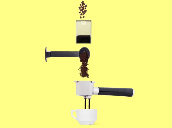 Процесс Приготовления Кофе Схематическом Стиле Кофейные Зерна Молотый Кофе Струи — стоковое фото