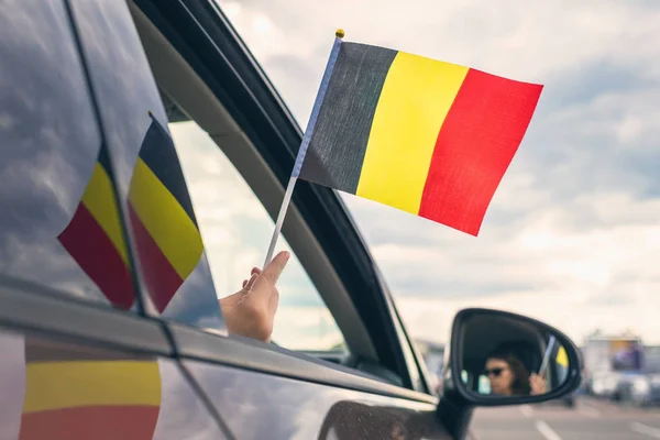Woman Girl Holding Belgian Flag Open Car Window Concept — Stock Photo, Image