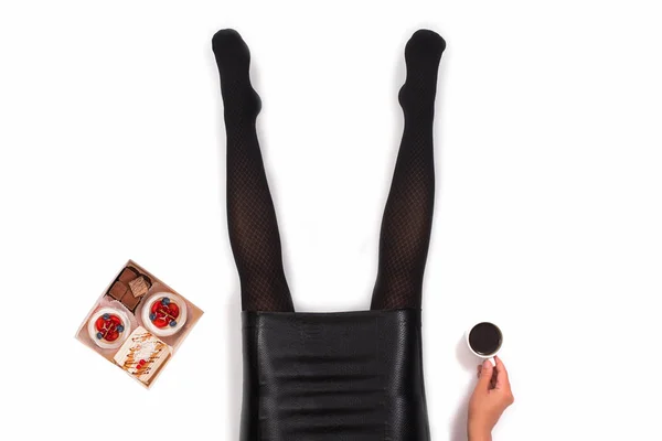 Creative Photo Female Legs Black Pantyhose Cup Coffee Box Small — Stock Photo, Image