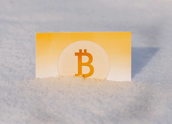 Papier Złoto Pieniądze Bitcoin Śniegu Zimą Zamrożone Konto Upadłości — Zdjęcie stockowe