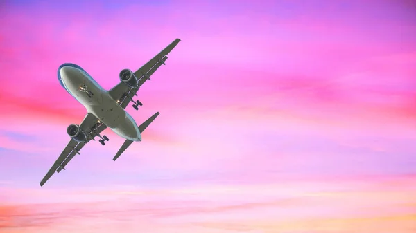 Landing Airplane Pastel Colored Sky Background Sunset Sky Pink Blue — Stock Photo, Image