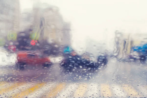 Blurred View Windshield Car Raindrops Crossroad Pedestrian Crossing — Stock Photo, Image