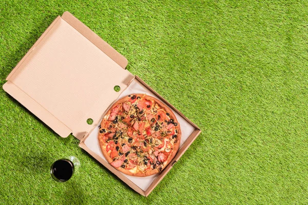 Пікнік Саду Траві Вид Повітря Піцу Коробці Келих Вина — стокове фото